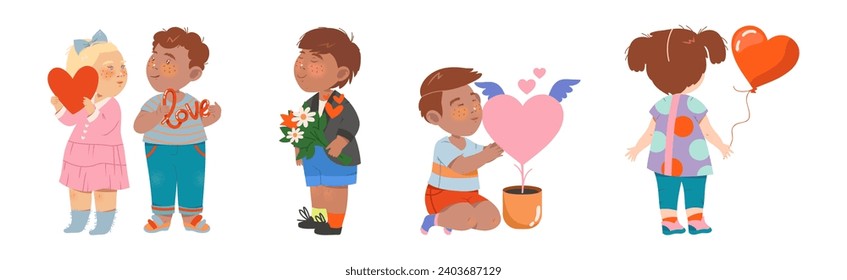 Little Kids in Love with Heart Feeling Affection Vector Set