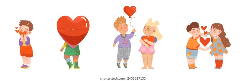 Little Kids in Love with Heart Feeling Affection Vector Set