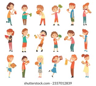 Little Kids Loving Fastfood and Rejecting Eating Healthy Food Big Vector Set