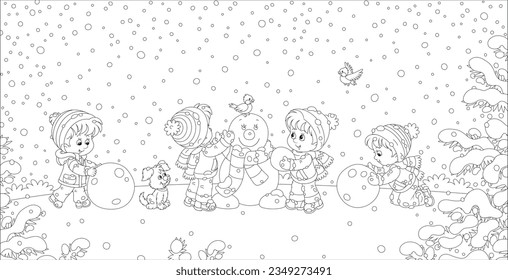 Little kids making big snow balls and sculpting a funny toy snowman with a striped scarf on a beautiful winter day in a snowy park, black and white vector cartoon illustration for a coloring book