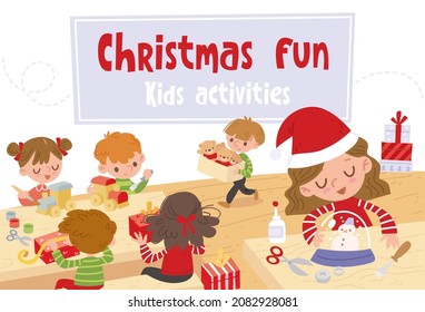 Little kids making handmade Christmas decorations, crafting new year presents. Vector flat illustration. Christmas kids craft activities Holiday DIY preparation. Creative diy hobby.