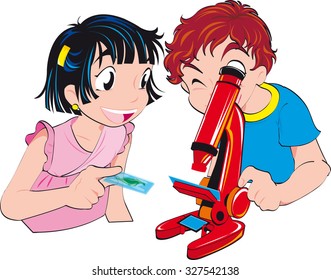 little kids with microscope