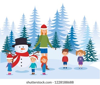 little kids with mother in the snowscape