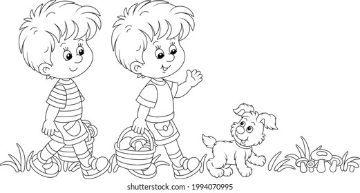 Little kids mushroomers and their merry pup walking with baskets and gathering mushrooms in a summer forest, black and white outline vector cartoon illustration for a coloring book page