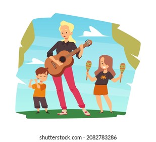 Little kids musicians and their teacher playing guitar, flat vector illustration isolated on white background. Teaching music and musical instruments for children.