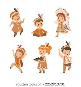 Little Kids in Native Indian Costumes and Feathers Playing Having Fun Vector Set