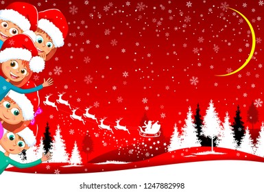 Little kids on red winter background. Children against the backdrop of the winter landscape. Santa Claus, deer, forest. Children enjoy Christmas. The night before Christmas.                   

     
