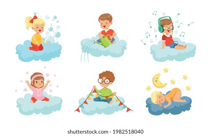 Little Kids on Soft Clouds Sleeping and Listening to Music Vector Set