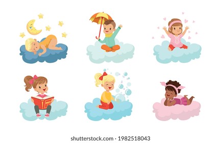 Little Kids on Soft Clouds Sleeping and Reading Book Vector Set