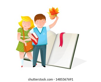 Little kids and open book flat vector illustration. Happy schoolmates, schoolkids cartoon characters. Smiling schoolgirl with handbag, schoolboy holding autumn leaves. Back to school concept