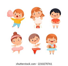 Little Kids with Overweight and Body Fat Engaged in Different Activity Vector Set