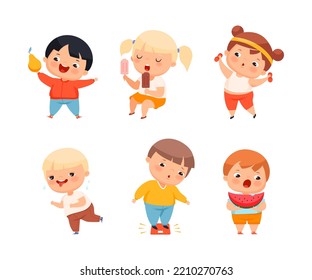 Little Kids with Overweight and Body Fat Engaged in Different Activity Vector Set