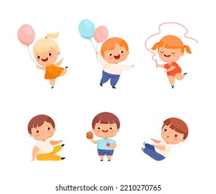 Little Kids with Overweight and Body Fat Engaged in Different Activity Vector Set