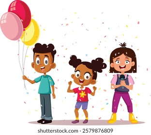 Little Kids Party Together Vector Cartoon Illustration. Children celebrating anniversary together with confetti 

