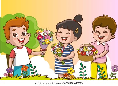 Niños pequeños recogiendo flores y oliendo el aroma