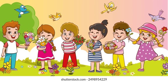 little kids picking flowers and smelling the scent