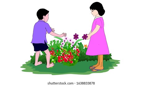 Little kids picking flowers. Summer recreation. Outdoor activity. Flat vector design