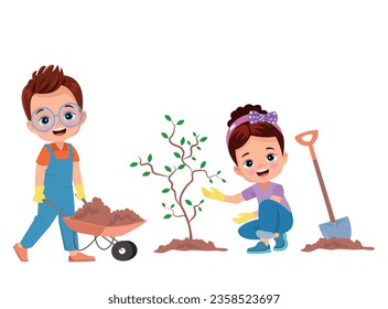 Niños pequeños plantan pequeñas plantas en el jardín