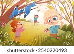 Little kids play in forest and study nature environment. Boy watch bugs with magnifying glass. Girl play with Birds. Children biology education, learning nature and animals. Vector kids illustration.