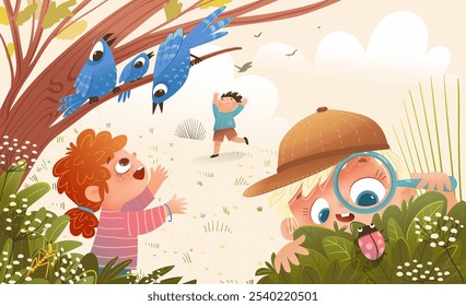 Los niños pequeños juegan en el bosque y estudian el entorno natural. Muchacho mira los bichos con lupa. Chica mirando pájaros. Educación y aprendizaje de los niños animales de naturaleza y biología. Ilustración vectorial.