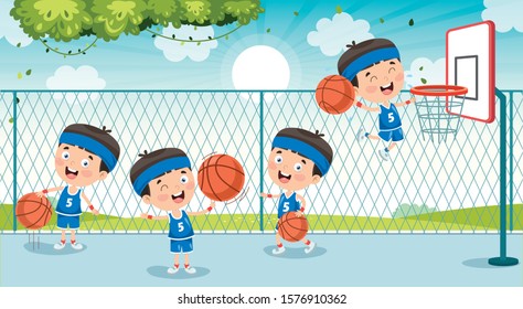 Little Kids Playing Basketball Outside