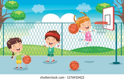 Little Kids Playing Basketball Outside