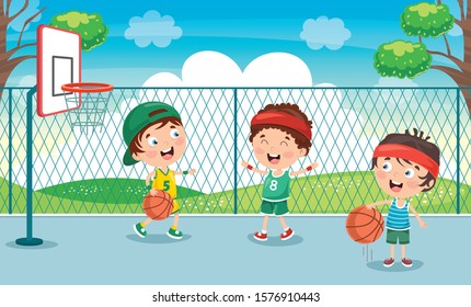 Little Kids Playing Basketball Outside