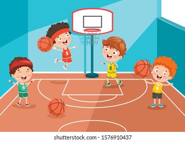 Little Kids Playing Basketball At Sport Hall