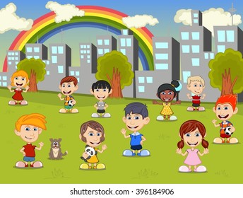 Little kids playing in the city park with rainbow cartoon vector illustration