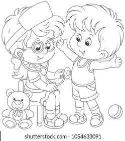 Little kids playing doctor and patient. Friendly smiling girl with a toy stethoscope listening a belly of a boy, black and white vector illustration for a coloring book