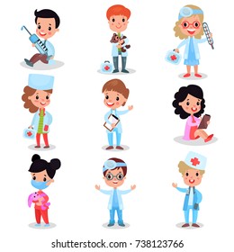 Little kids playing doctor set, cute boys and girls in professional clothing vector illustrations