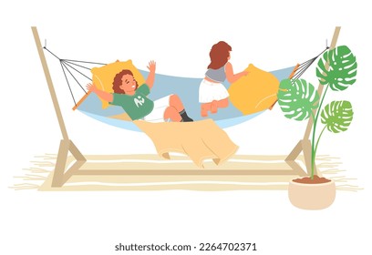 Little kids playing and having fun in hammock flat cartoon vector illustration. Children summer vacation, weekend at home and happy childhood