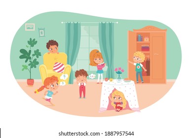 Little kids playing hide and seek in living room. Playing game with friends at home vector illustration. Boy counting, girls and boys hiding under table, in wardrobe, behind armchair and curtain.