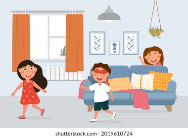 Little kids playing hide and seek in living room. Boy with his eyes closed looking for girls in room. Activity for young children. Cartoon flat vector illustration isolated on a white background