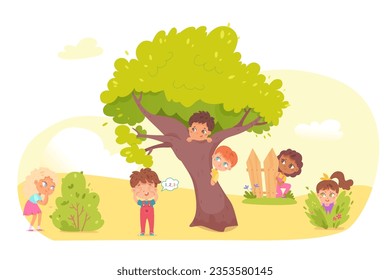 Little kids playing hide and seek in park. Playing game with friends outdoor in summer vacations vector illustration. Boy counting, boys hiding begind tree, girl running to hide.