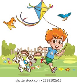 little kids playing with his friend in nature and feeling happy.kids flying kites.play time.