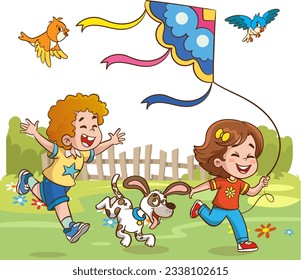 little kids playing with his friend in nature and feeling happy.kids flying kites.play time.