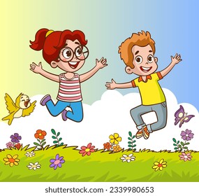 little kids playing with his friend in nature and feeling happy