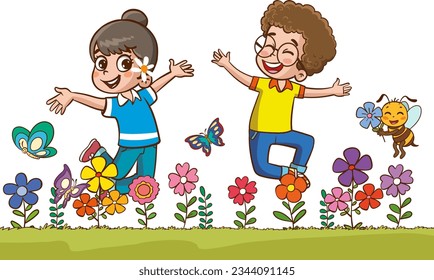 little kids playing with his friend in nature and feeling happy.joyful little children jumping and dancing