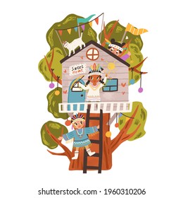 Little kids playing Indians in house on tree branches. Happy active boys and girls having fun in nature. Children's outdoor activity. Colored flat vector illustration isolated on white background