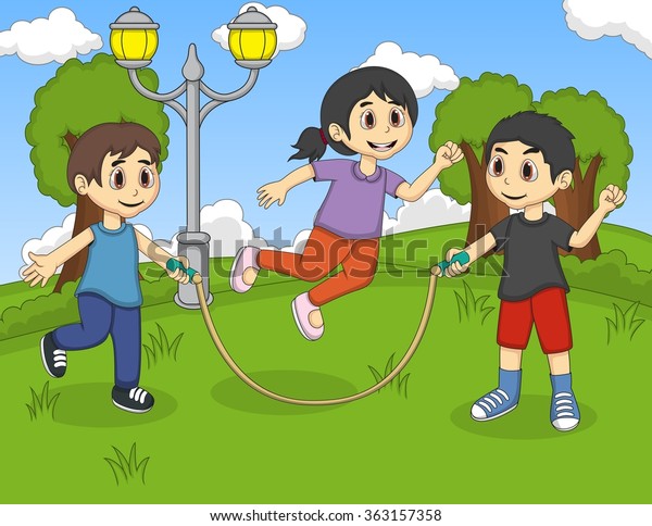 Little Kids Playing Jump Rope Park Stock Vector Royalty Free
