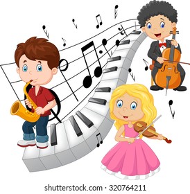 Little kids playing music with piano tone background