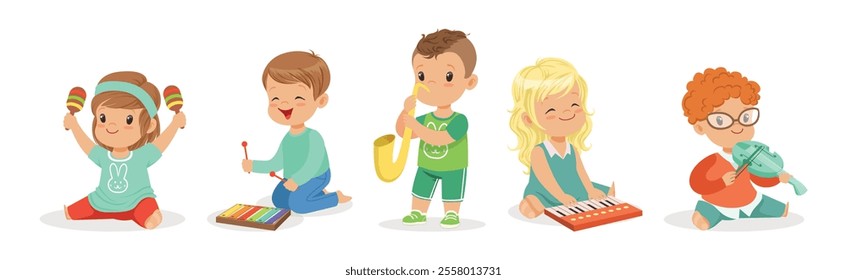 Little Kids Playing Musical Instrument Vector Illustration Set