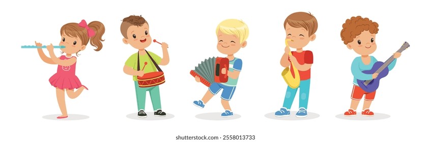 Little Kids Playing Musical Instrument Vector Illustration Set