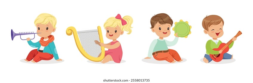 Little Kids Playing Musical Instrument Vector Illustration Set