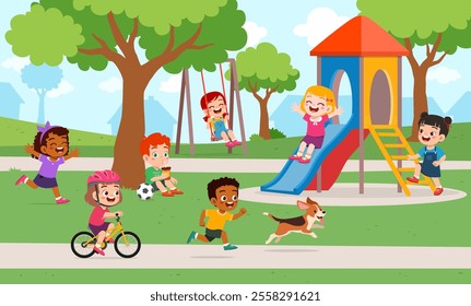 little kids playing in the playground with friends