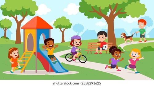 little kids playing in the playground with friends