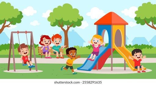 little kids playing in the playground with friends