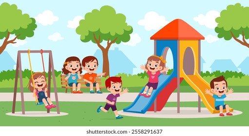 little kids playing in the playground with friends