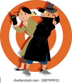 Little Kids Playing Secret Agents Cartoon Characters, EPS 8 Vector Illustration